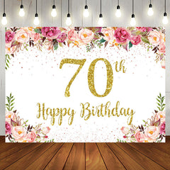 Aperturee - Pink Floral Glitter Gold White 70th Birthday Backdrop