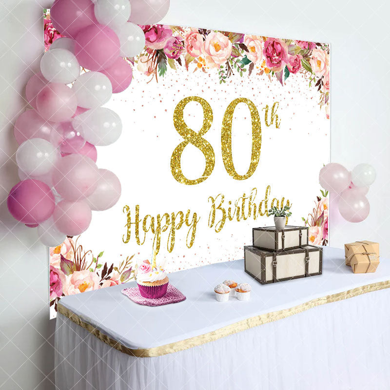 Aperturee - Pink Floral Glitter Gold White 80th Birthday Backdrop