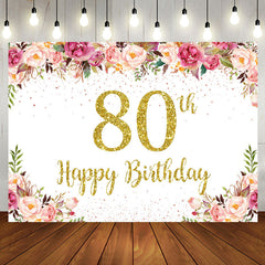 Aperturee - Pink Floral Glitter Gold White 80th Birthday Backdrop