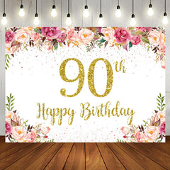 Aperturee - Pink Floral Glitter Gold White 90th Birthday Backdrop