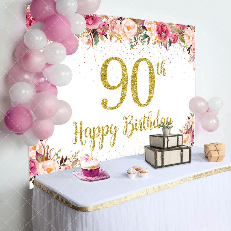 Aperturee - Pink Floral Glitter Gold White 90th Birthday Backdrop