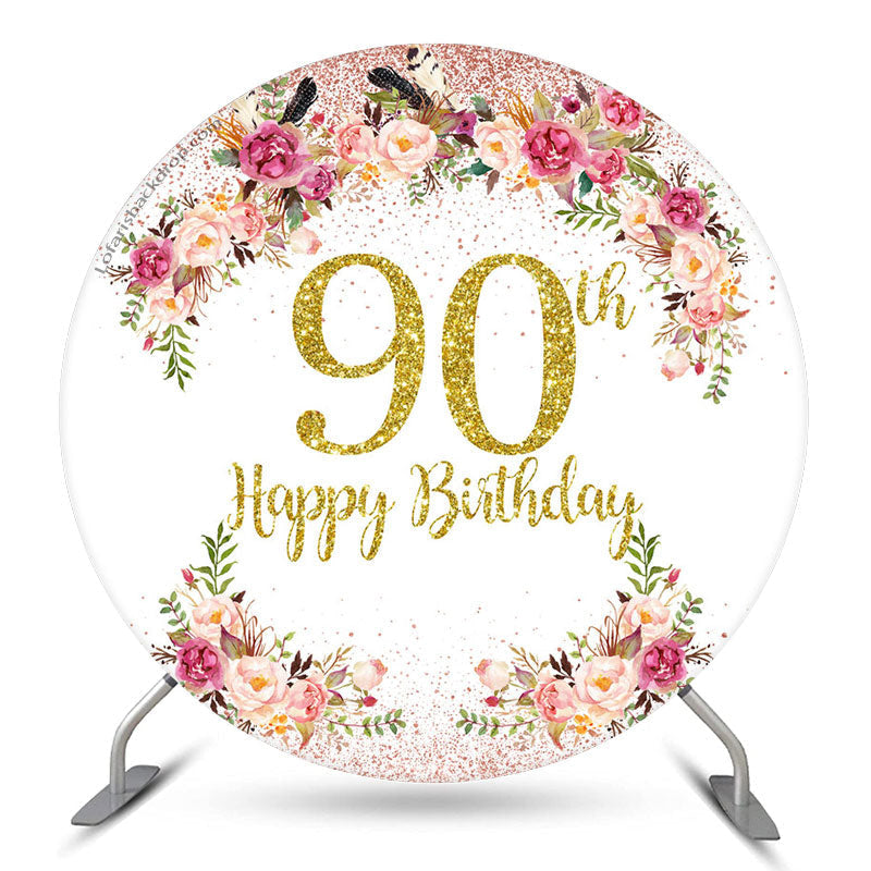 Aperturee Pink Floral Glitter Round 90th Birthday Backdrop