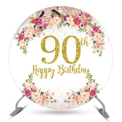 Aperturee Pink Floral Glitter Round 90th Birthday Backdrop