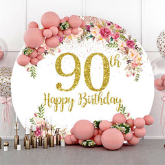 Aperturee Pink Floral Glitter Round 90th Birthday Backdrop