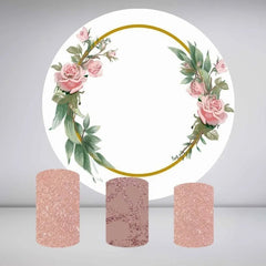 Aperturee Pink Floral Glitter Round White Birthday Backdrop Kit