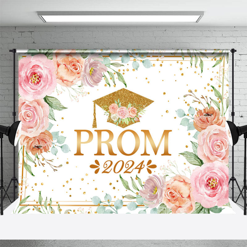 Aperturee - Pink Floral Gold Dot Spring Prom 2024 Dance Backdrop