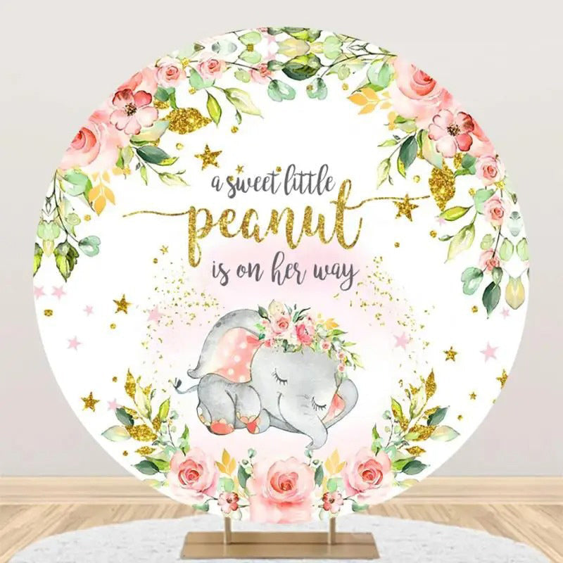 Aperturee - Pink Floral Gold Elephant Round Baby Shower Backdrop