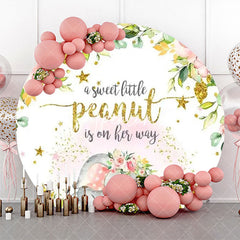 Aperturee - Pink Floral Gold Elephant Round Baby Shower Backdrop