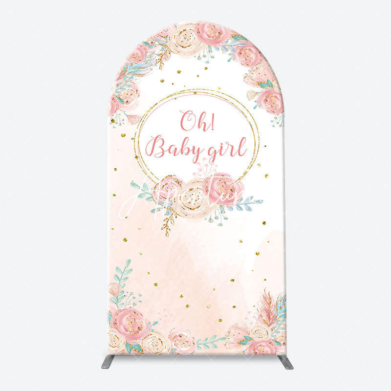 Aperturee - Pink Floral Gold Glitter Oh Baby Girl Arch Backdrop