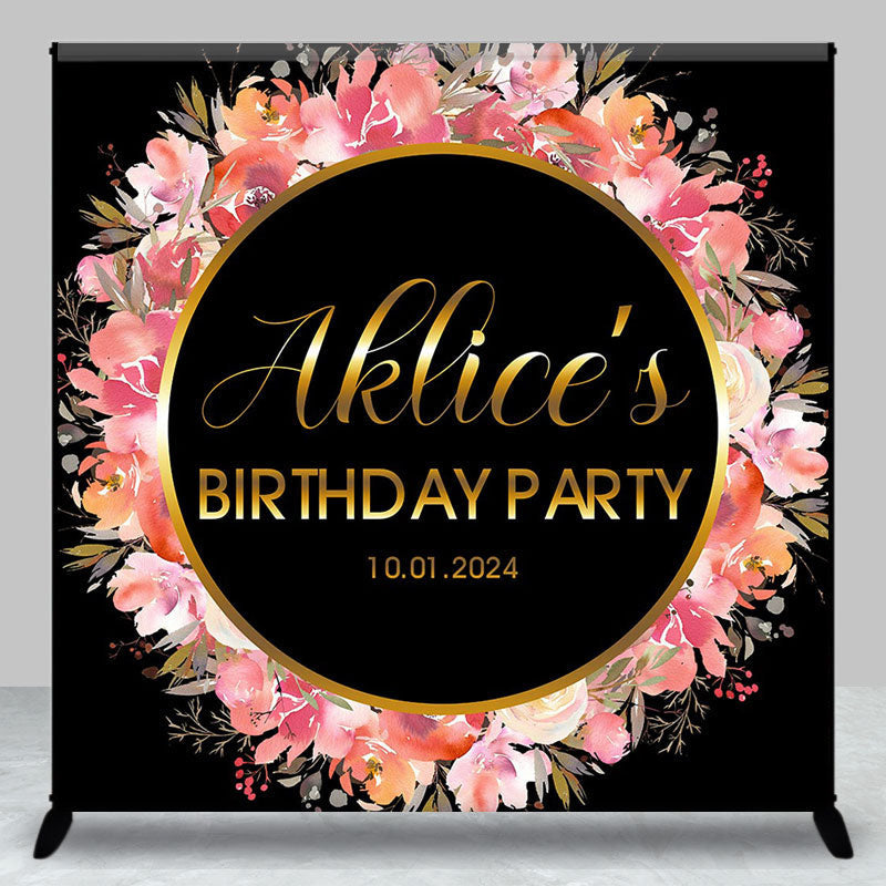 Aperturee - Pink Floral Golden Circle Custom Birthday Backdrop