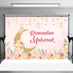 Aperturee - Pink Floral Golden Moon Ramadan Mubarak Backdrop