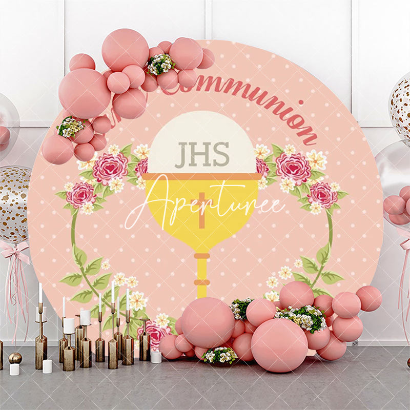 Aperturee - Pink Floral Grail First Communion Baptism Backdrop