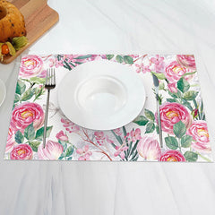 Aperturee - Pink Floral Green Leaf Nature Set Of 4 Placemats