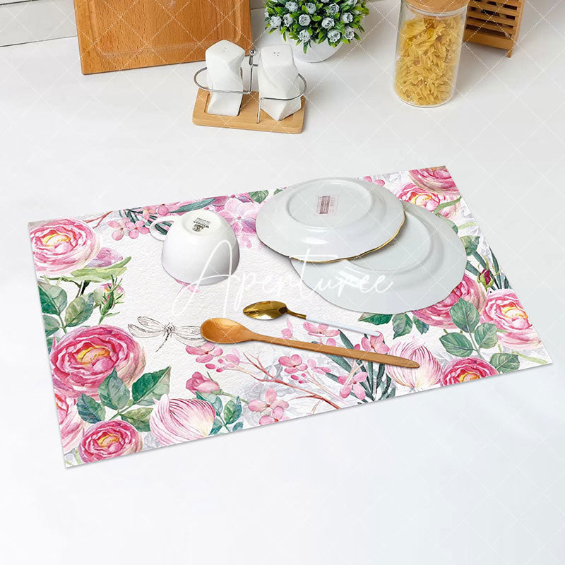 Aperturee - Pink Floral Green Leaf Nature Set Of 4 Placemats