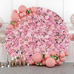 Aperturee - Pink Floral Green Leaves Round Wedding Backdrop