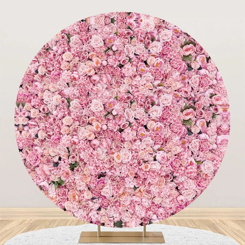 Aperturee - Pink Floral Green Leaves Round Wedding Backdrop