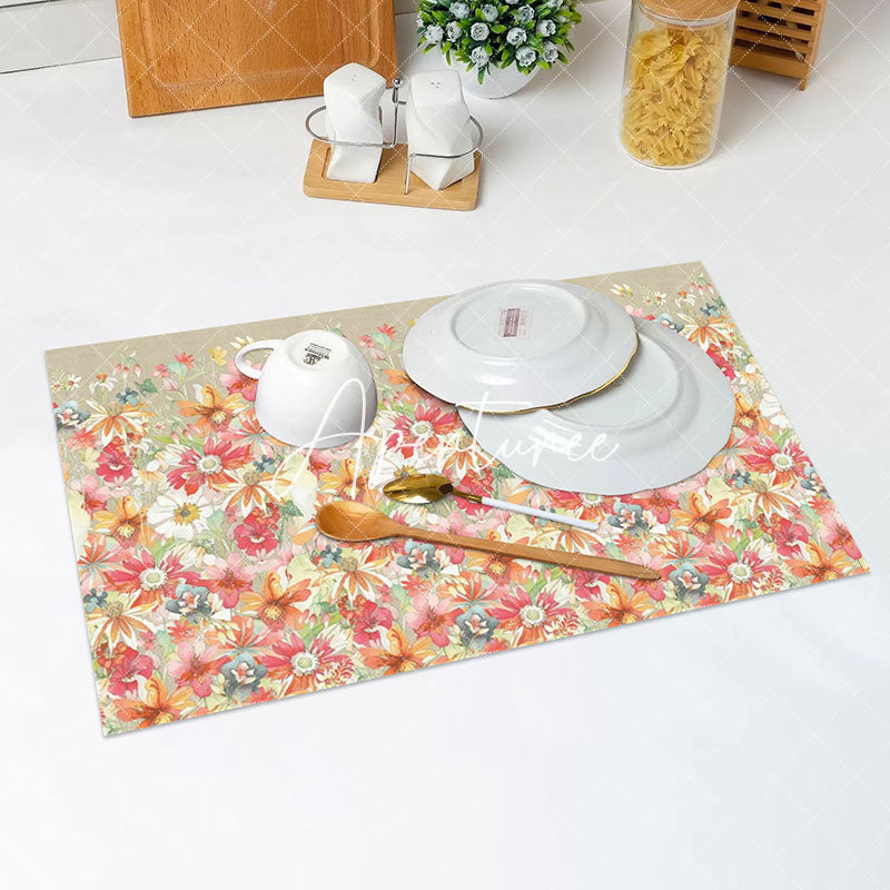 Aperturee - Pink Floral Green Leaves Spring Set Of 4 Placemats