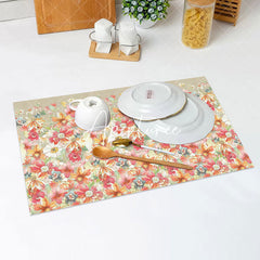 Aperturee - Pink Floral Green Leaves Spring Set Of 4 Placemats