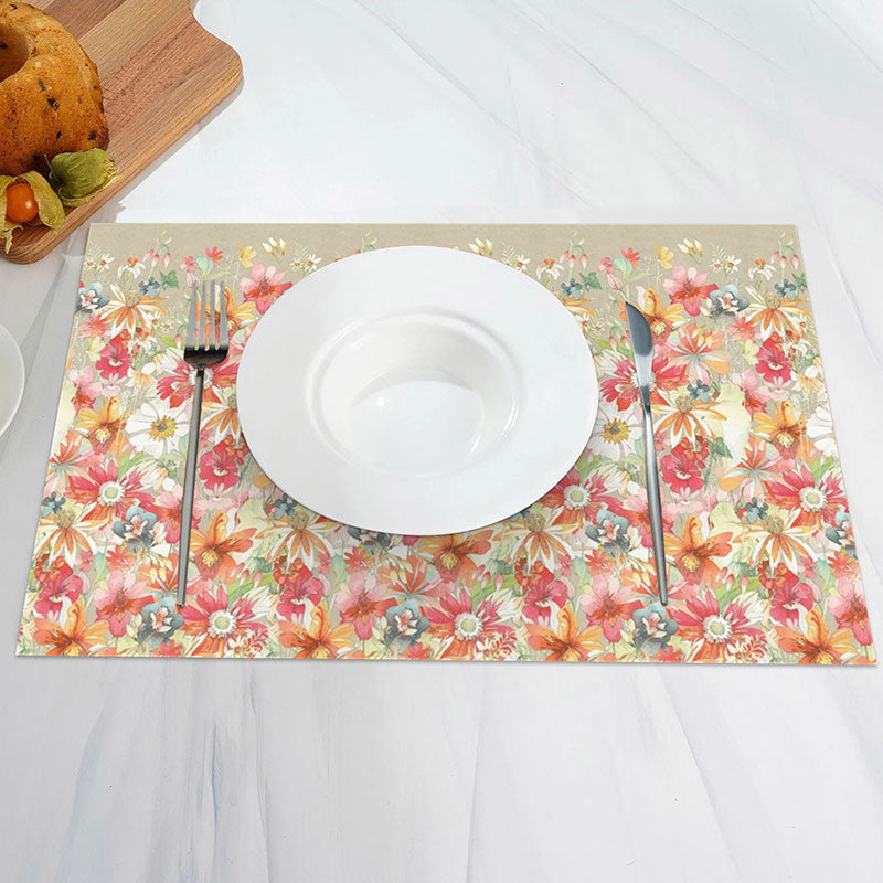 Aperturee - Pink Floral Green Leaves Spring Set Of 4 Placemats