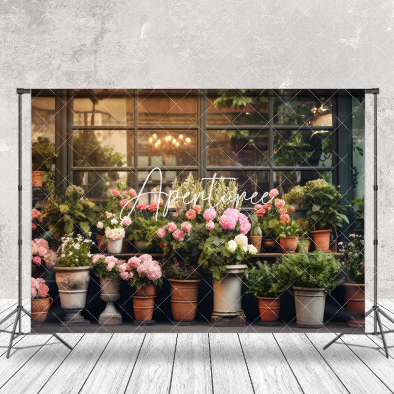 Aperturee - Pink Floral Green Plant Window Spring Photo Backdrop