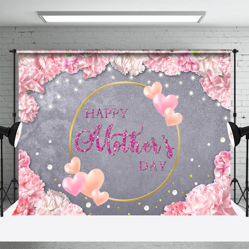 Aperturee - Pink Floral Grey Lights Heart Mothers Day Backdrop