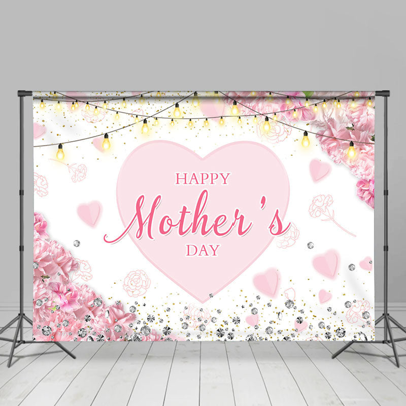 Aperturee - Pink Floral Heart Diamond Light Mothers Day Backdrop