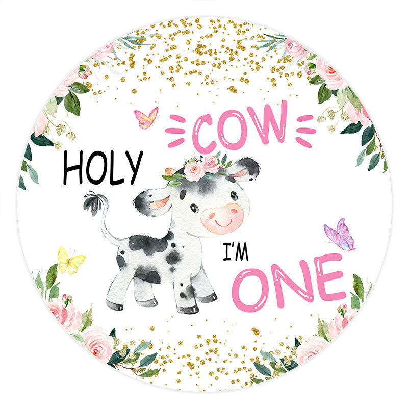 Aperturee Pink Floral Holy Cow Round Happy 1st Birthday Backdrop