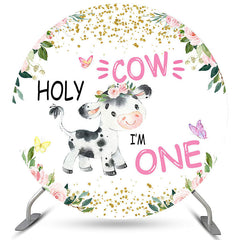 Aperturee Pink Floral Holy Cow Round Happy 1st Birthday Backdrop