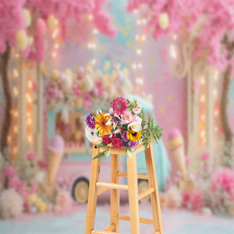 Aperturee - Pink Floral Ice Cream Car Backdrop For Cake Smash