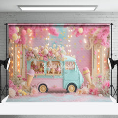 Aperturee - Pink Floral Ice Cream Car Backdrop For Cake Smash