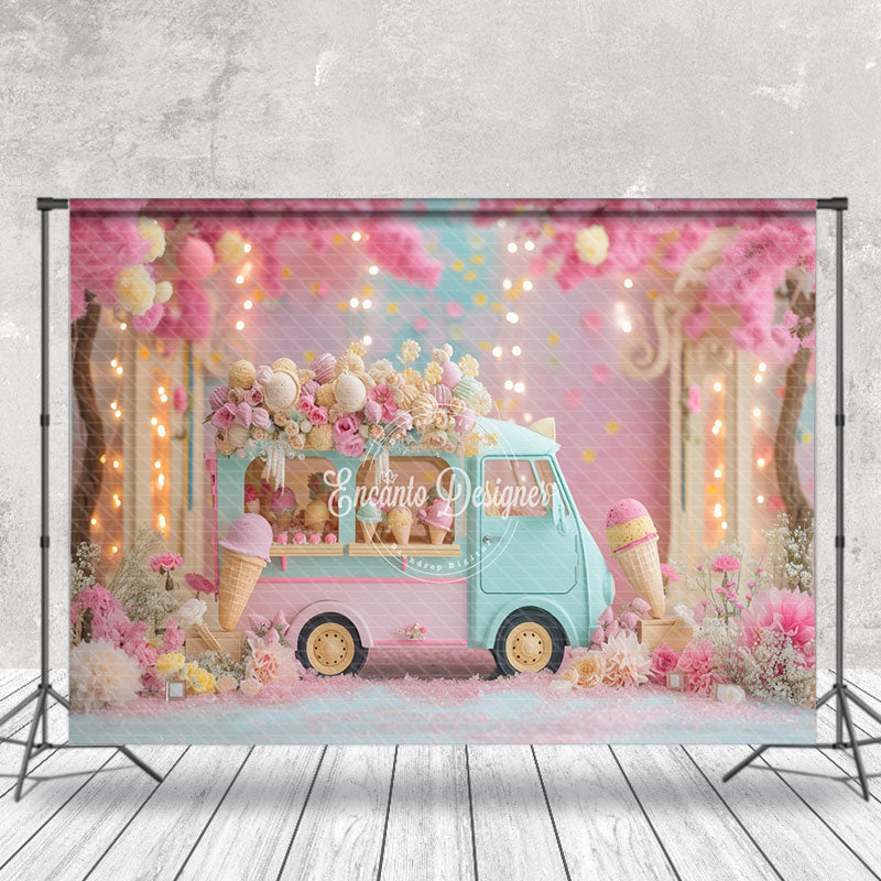 Aperturee - Pink Floral Ice Cream Car Backdrop For Cake Smash