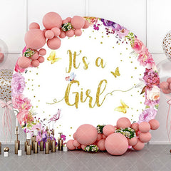 Aperturee - Pink Floral Its A Girl Round Baby Shower Backdrop