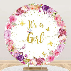 Aperturee - Pink Floral Its A Girl Round Baby Shower Backdrop