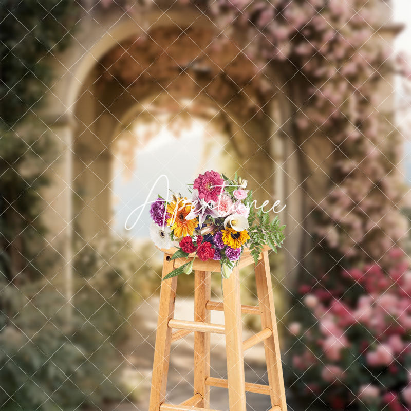 Aperturee - Pink Floral Leaf Arch Spring Backdrop For Photograph