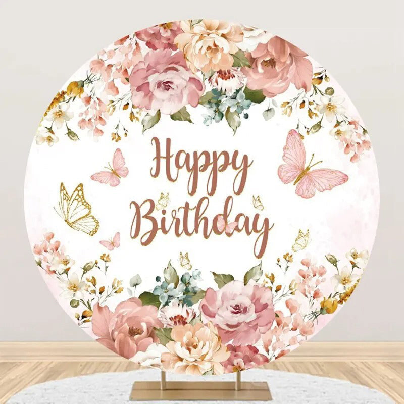 Aperturee - Pink Floral Leaf Butterfly Round Birthday Backdrop