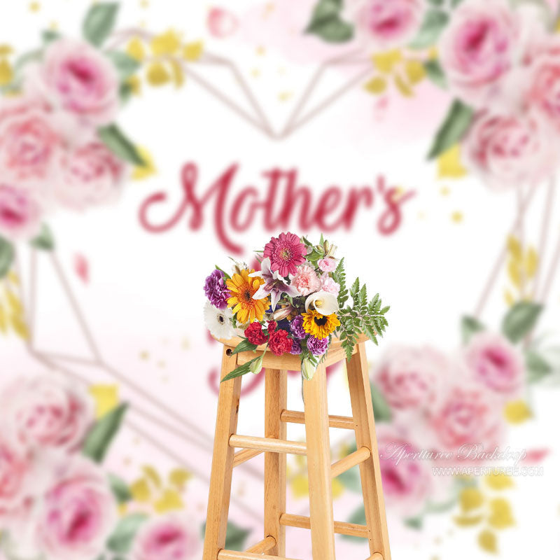 Aperturee - Pink Floral Leaf Heart Mothers Day Photo Backdrop