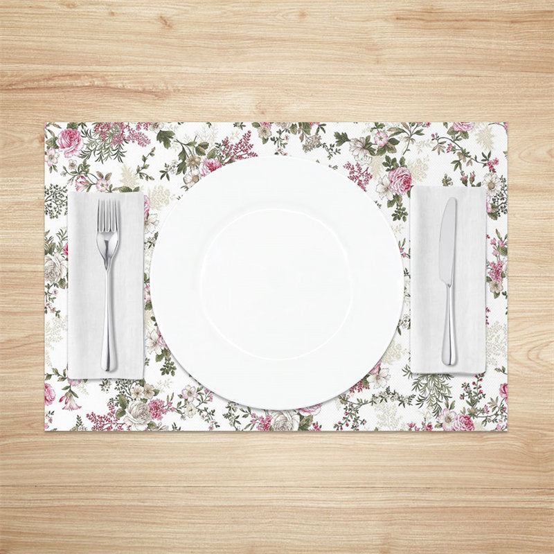 Aperturee - Pink Floral Leaf Seamless Fabric Set Of 4 Placemats