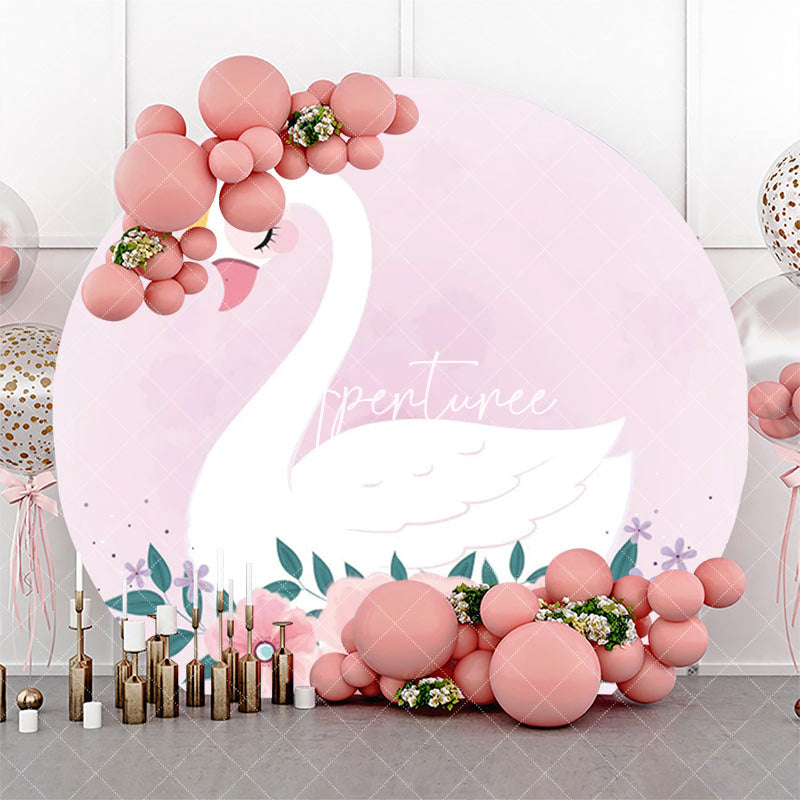 Aperturee - Pink Floral Leaf White Swan Round Birthday Backdrop