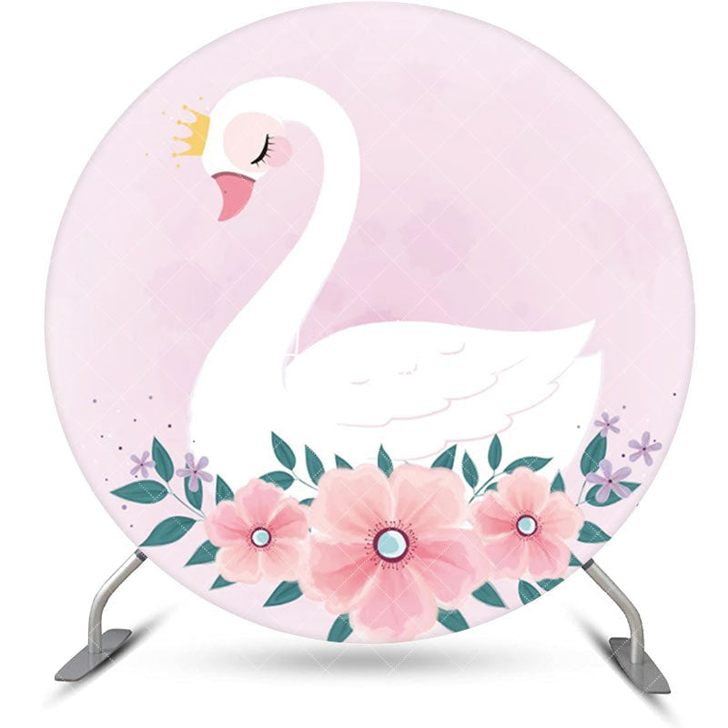 Aperturee - Pink Floral Leaf White Swan Round Birthday Backdrop