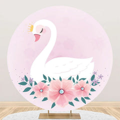 Aperturee - Pink Floral Leaf White Swan Round Birthday Backdrop