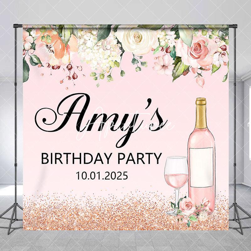 Aperturee - Pink Floral Leaf Wine Custom Birthday Party Backdrop