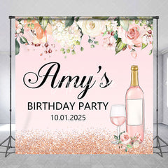 Aperturee - Pink Floral Leaf Wine Custom Birthday Party Backdrop