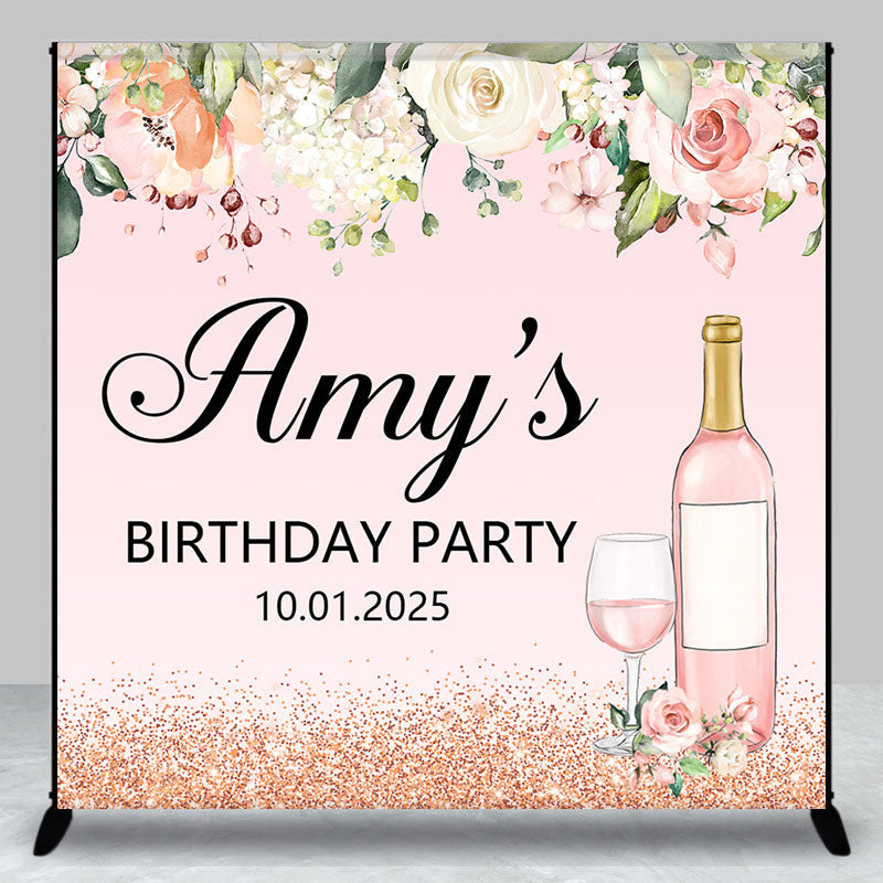 Aperturee - Pink Floral Leaf Wine Custom Birthday Party Backdrop