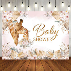 Aperturee - Pink Floral Leaves Boho Giraffe Baby Shower Backdrop