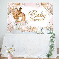 Aperturee - Pink Floral Leaves Boho Giraffe Baby Shower Backdrop