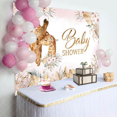 Aperturee - Pink Floral Leaves Boho Giraffe Baby Shower Backdrop