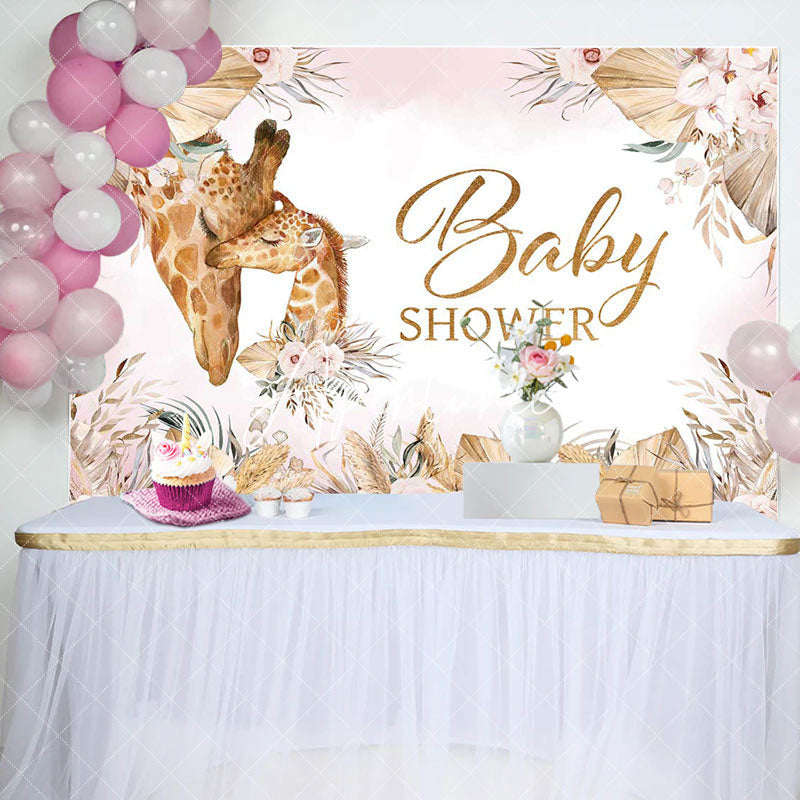 Aperturee - Pink Floral Leaves Boho Giraffe Baby Shower Backdrop