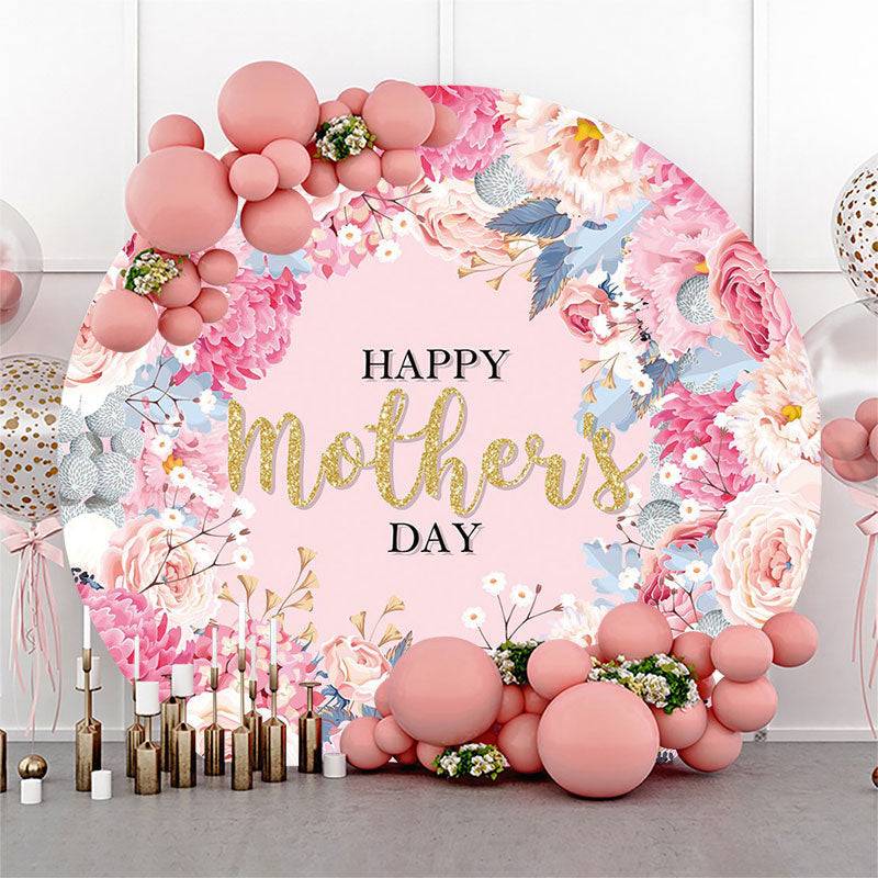 Aperturee - Pink Floral Leaves Gold Round Mothers Day Backdrop