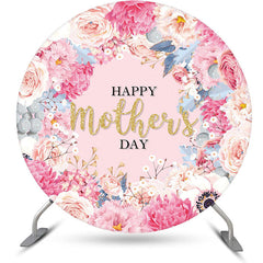 Aperturee - Pink Floral Leaves Gold Round Mothers Day Backdrop