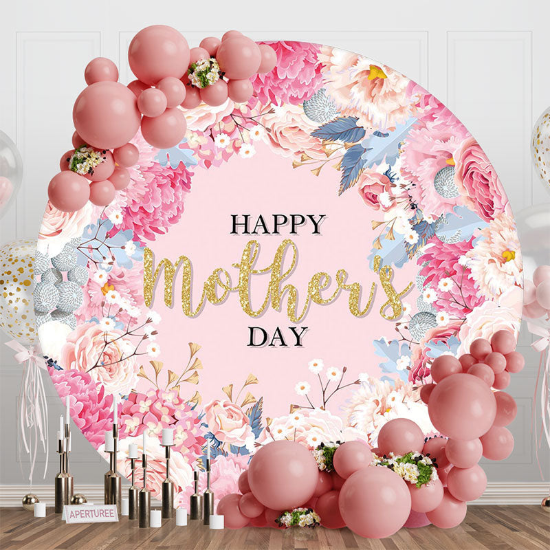 Aperturee - Pink Floral Leaves Gold Round Mothers Day Backdrop